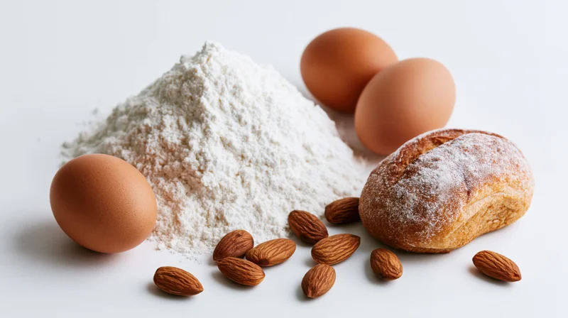Mound of white flour with brown eggs and almonds beside a small loaf of bread on white surface