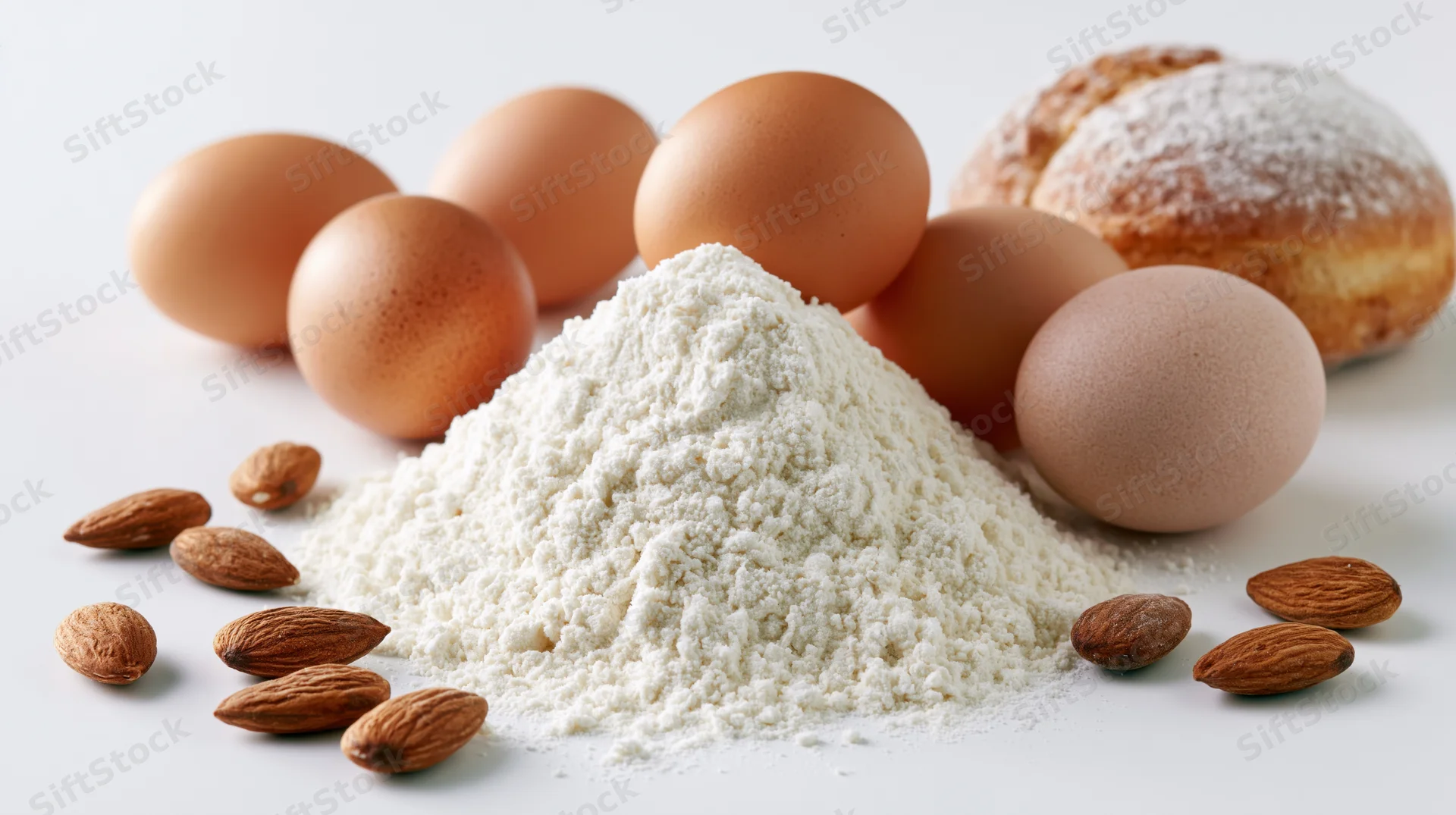 Mound of white flour surrounded by brown eggs and scattered almonds on white surface