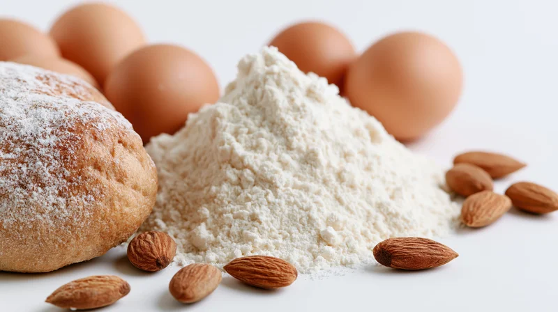 Mound of white flour surrounded by brown eggs and almonds with a dusted bread roll on a white surface