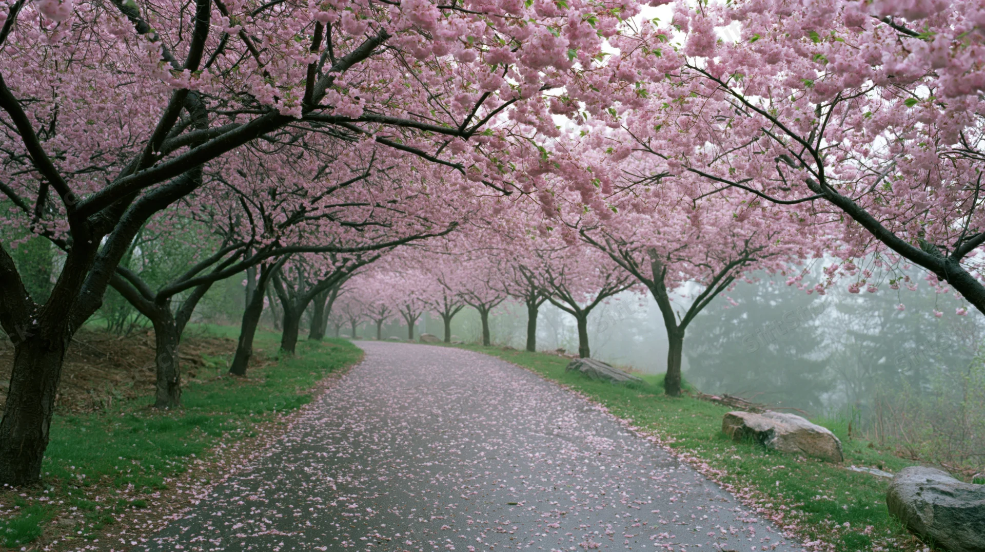 Narrow path lined with blooming cherry blossom trees in spring, petals scattered on ground and canopy overhead