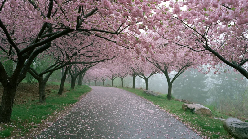 Narrow path lined with blooming cherry blossom trees in spring, petals scattered on ground and canopy overhead