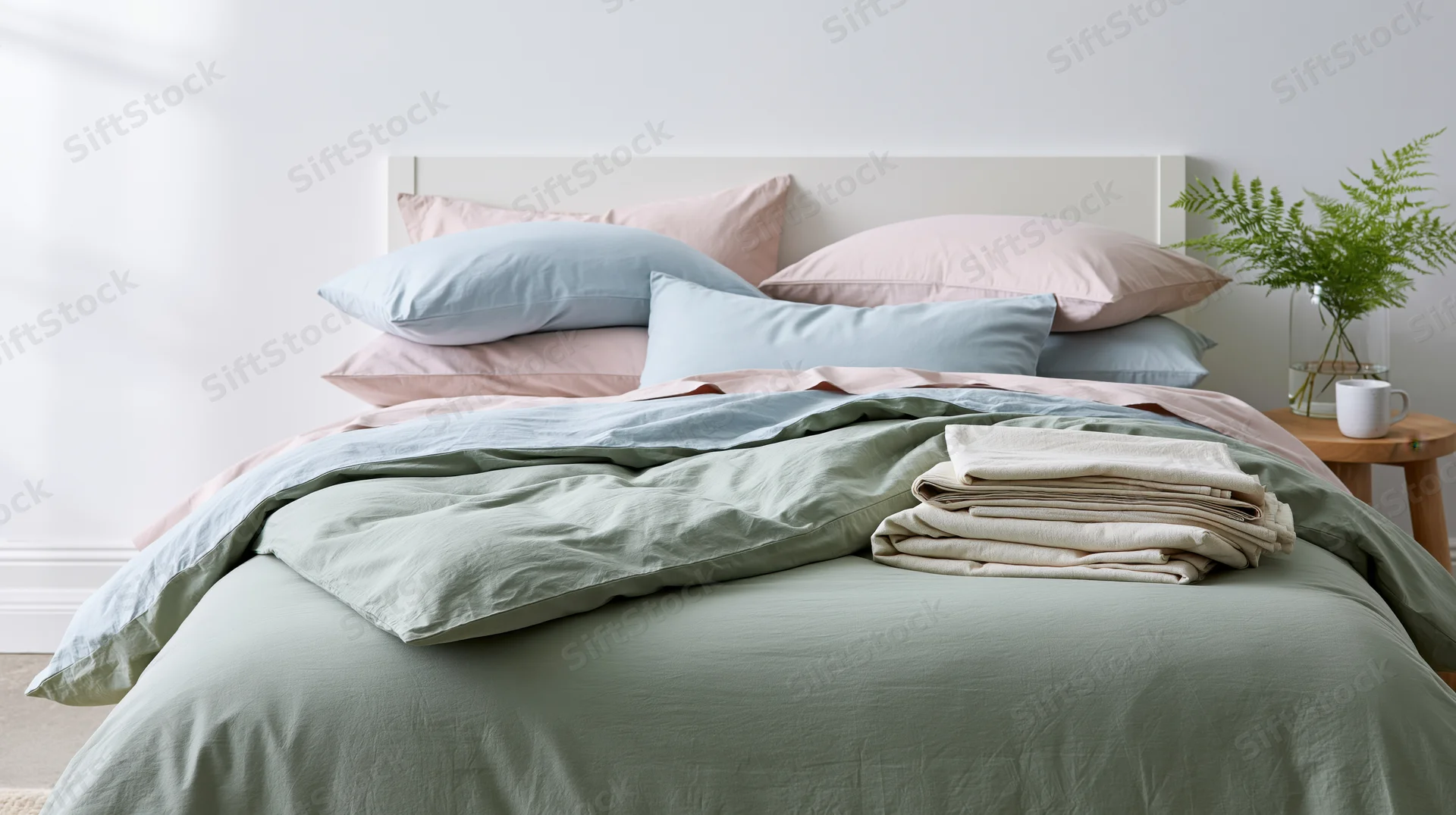 Neatly made bed with layered pastel bedding and folded linens on a sage green duvet in a bright bedroom