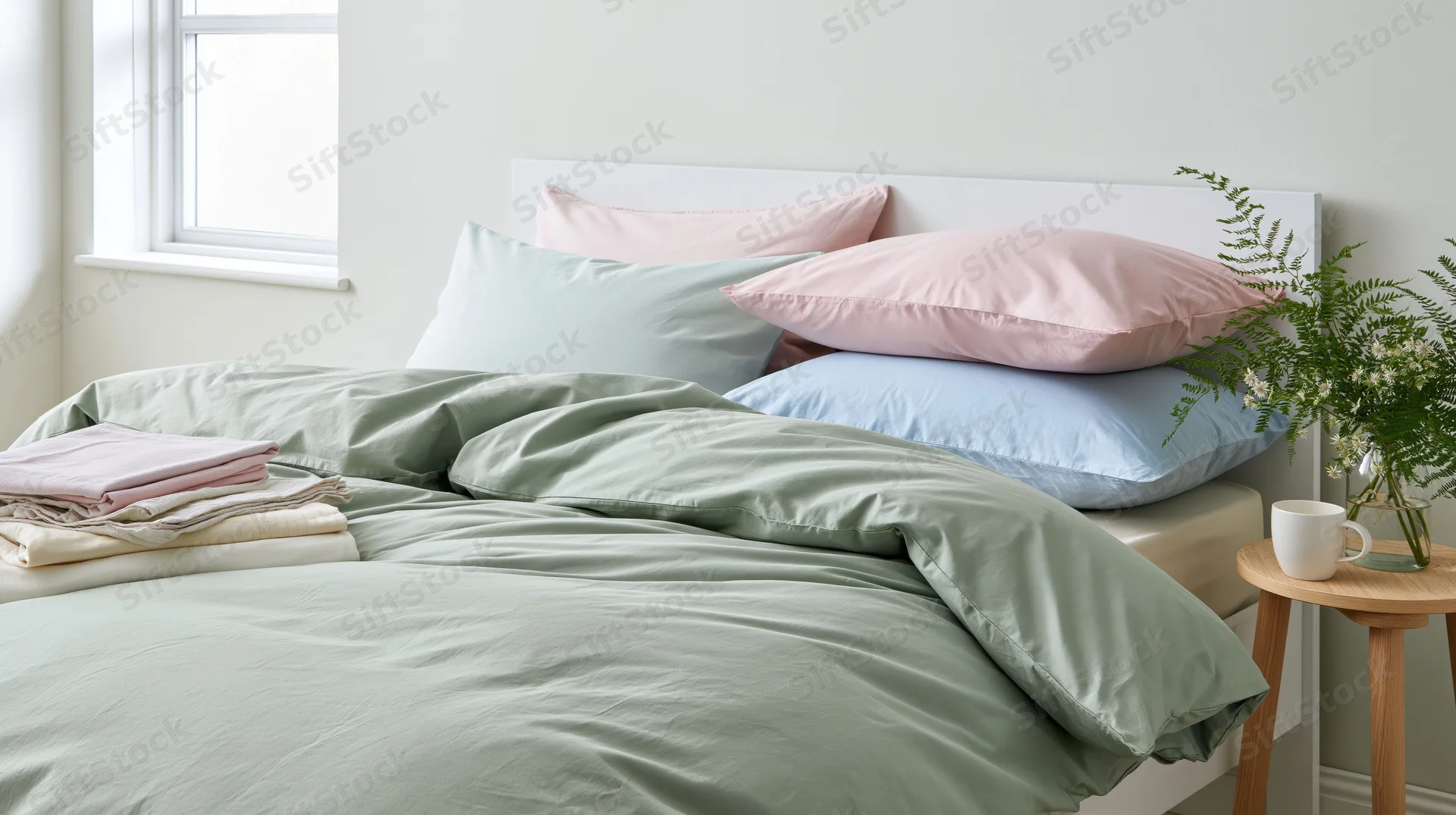 Neatly made bed with layered pastel bedding and folded sheets beside a window in a bright bedroom