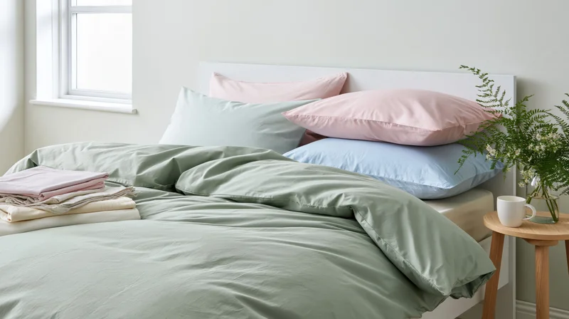 Neatly made bed with layered pastel bedding and folded sheets beside a window in a bright bedroom