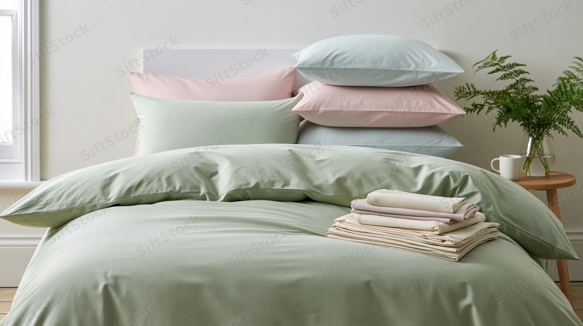Neatly made bed with layered pastel bedding and folded sheets on a sage green duvet in a bright bedroom