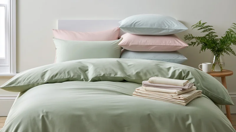 Neatly made bed with layered pastel bedding and folded sheets on a sage green duvet in a bright bedroom