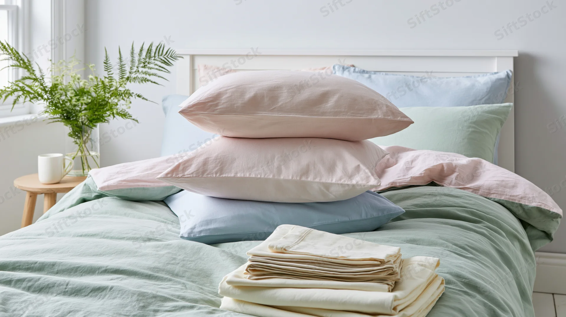 Neatly made bed with layered pastel bedding and folded sheets, sage green duvet, pink and blue pillows, fern plant on side table near window