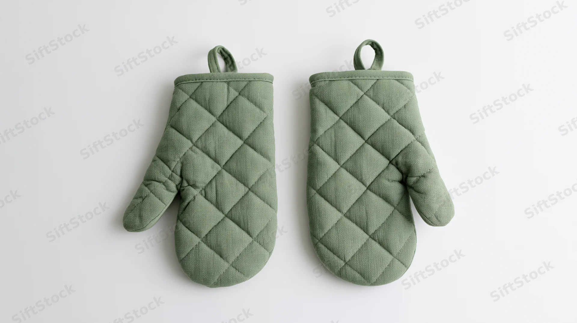 Pair of sage green quilted cotton oven mitts laid flat on white background