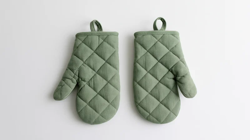 Pair of sage green quilted cotton oven mitts laid flat on white background