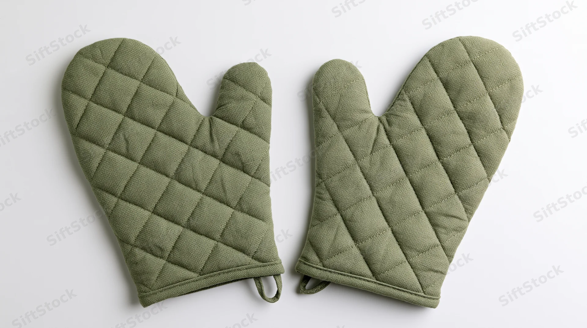 Two sage green quilted cotton oven mitts laid flat on white background