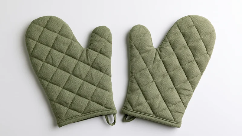 Two sage green quilted cotton oven mitts laid flat on white background