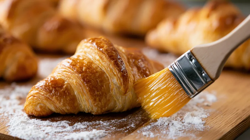 Pastry brush applying egg wash to a golden croissant on a floured wooden board