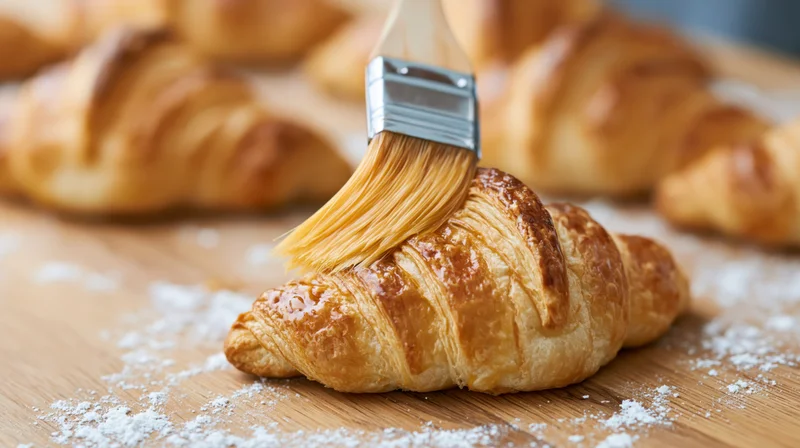 Pastry brush applying egg wash to a golden croissant on a wooden board