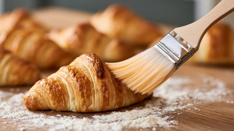 Pastry brush applying egg wash to a golden croissant on a floured wooden surface