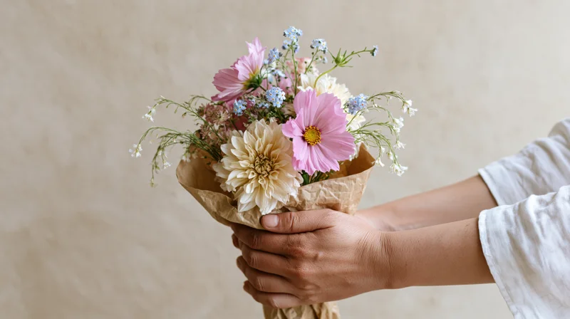 Woman's hands holding a small wildflower bouquet wrapped in brown paper against a neutral background