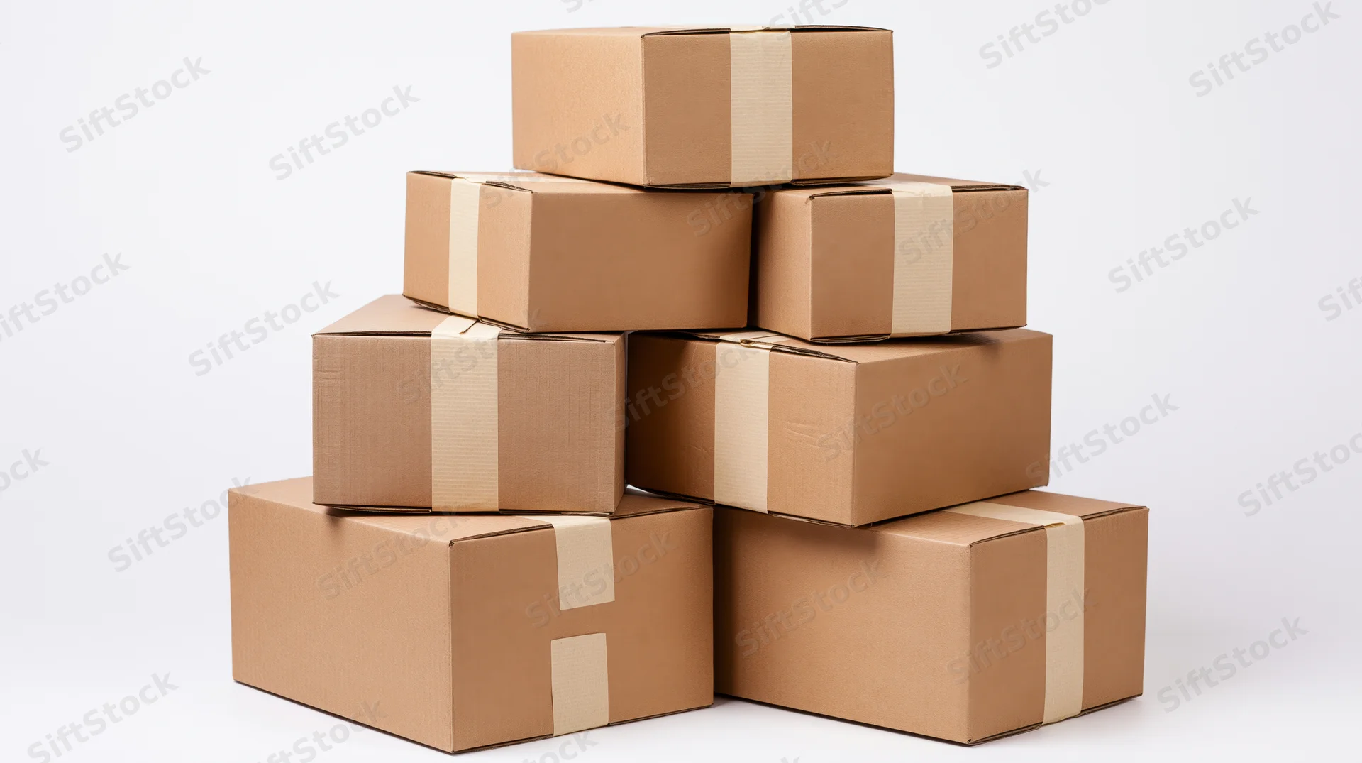 Stack of sealed cardboard shipping boxes arranged in pyramid shape on white background