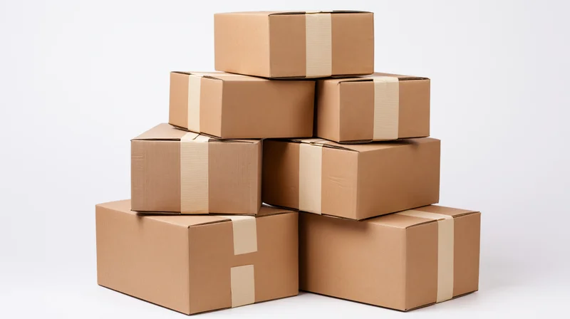 Stack of sealed cardboard shipping boxes arranged in pyramid shape on white background