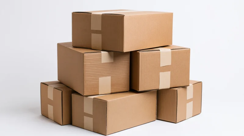 Stack of sealed cardboard shipping boxes arranged in pyramid shape on white background