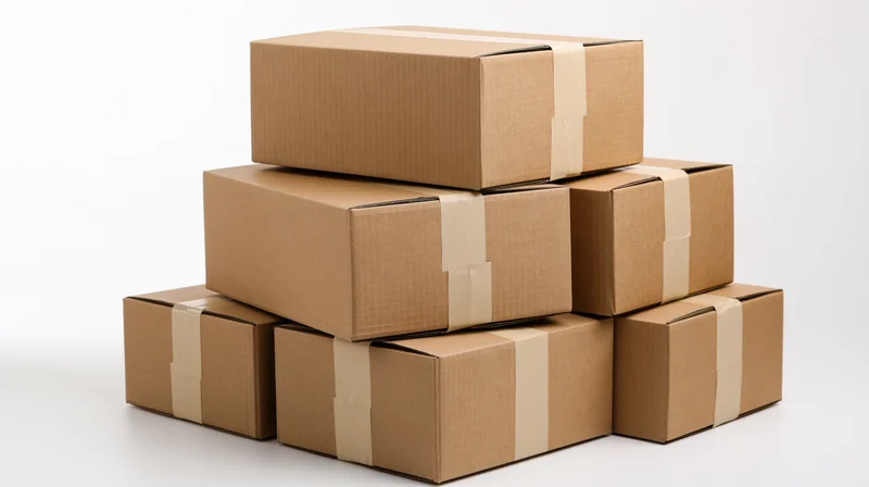Stack of sealed cardboard shipping boxes arranged in pyramid formation on white background
