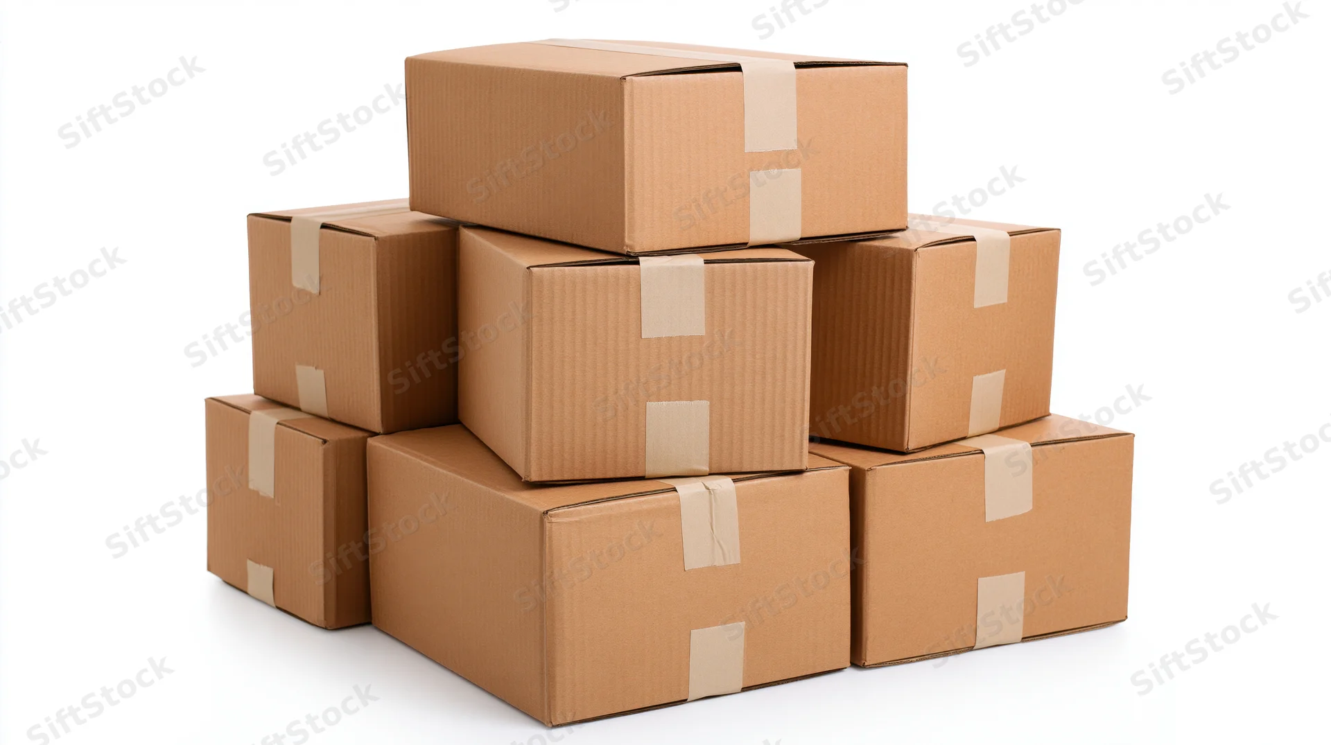 Stack of sealed cardboard shipping boxes arranged in pyramid shape on white background