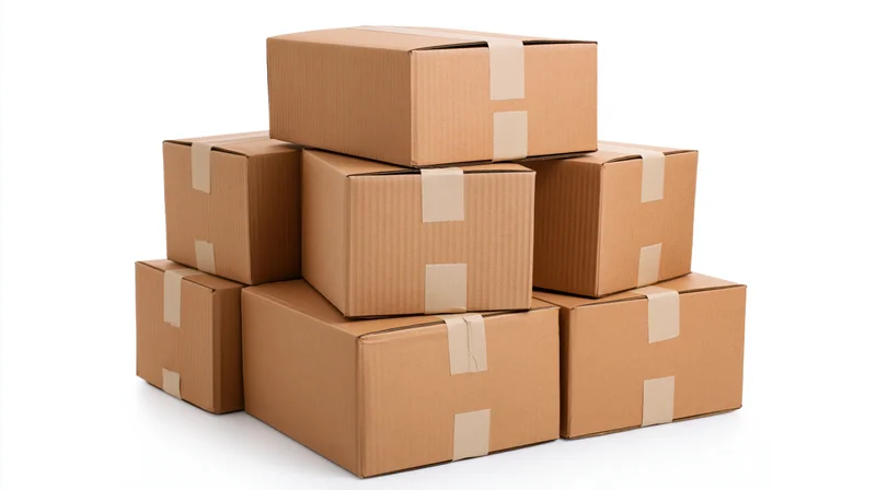 Stack of sealed cardboard shipping boxes arranged in pyramid shape on white background