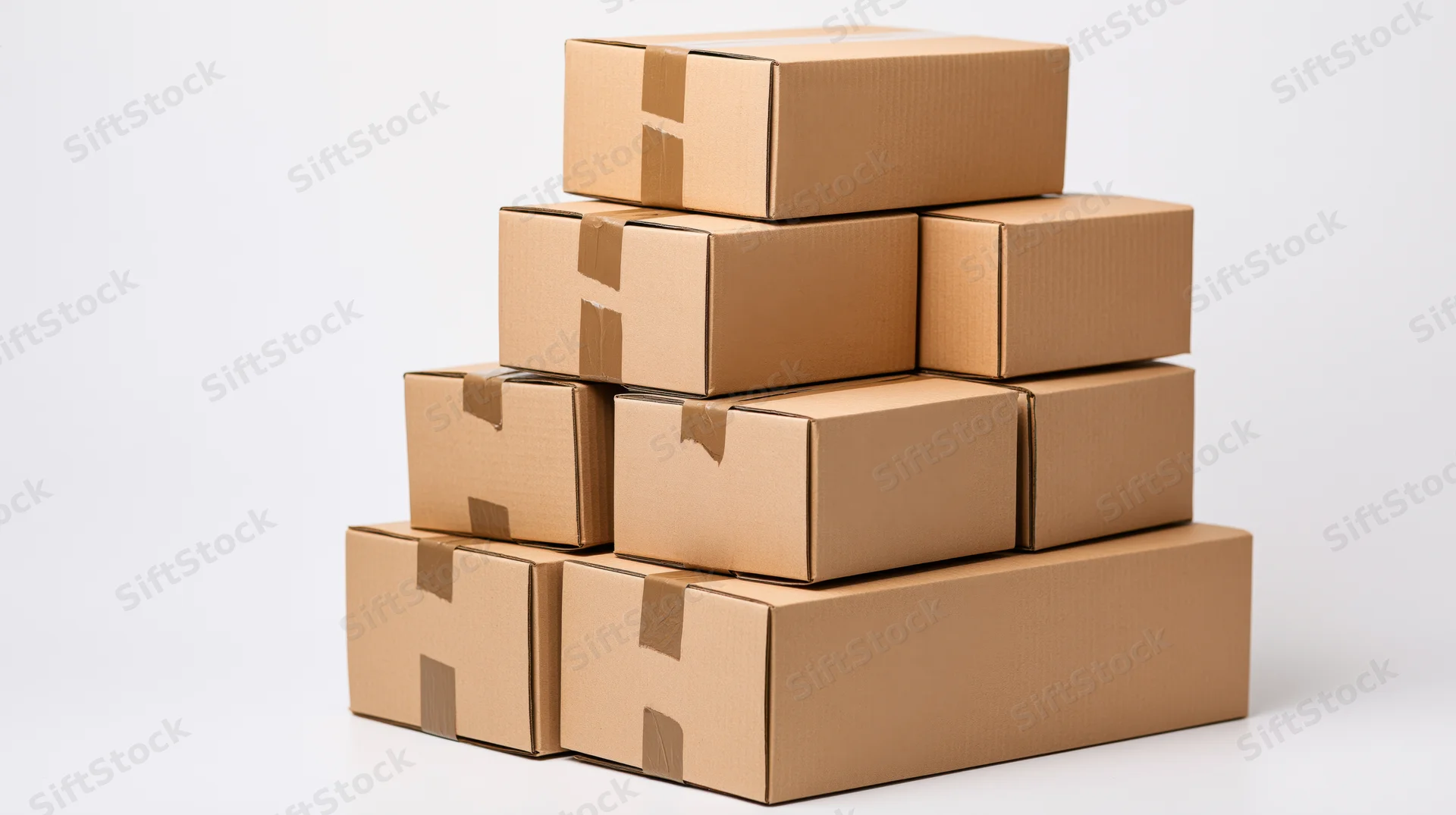 Stack of sealed corrugated cardboard shipping boxes arranged in pyramid shape on white background