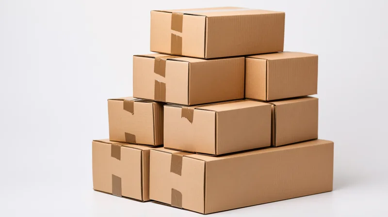 Stack of sealed corrugated cardboard shipping boxes arranged in pyramid shape on white background