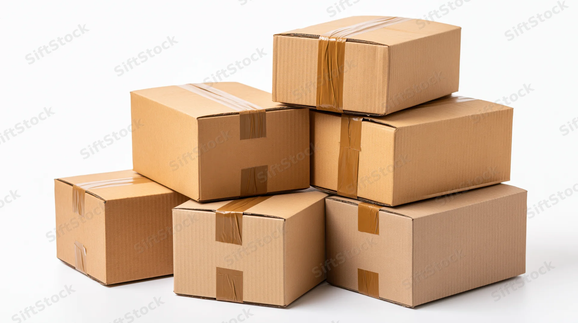 Stack of sealed corrugated cardboard shipping boxes on white background