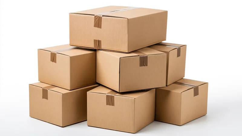 Stack of sealed corrugated cardboard shipping boxes on white background