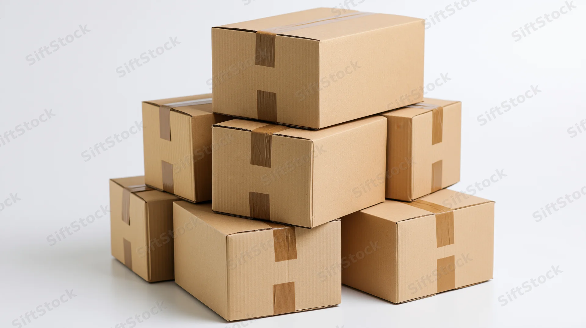 Stack of sealed corrugated cardboard shipping boxes on white background
