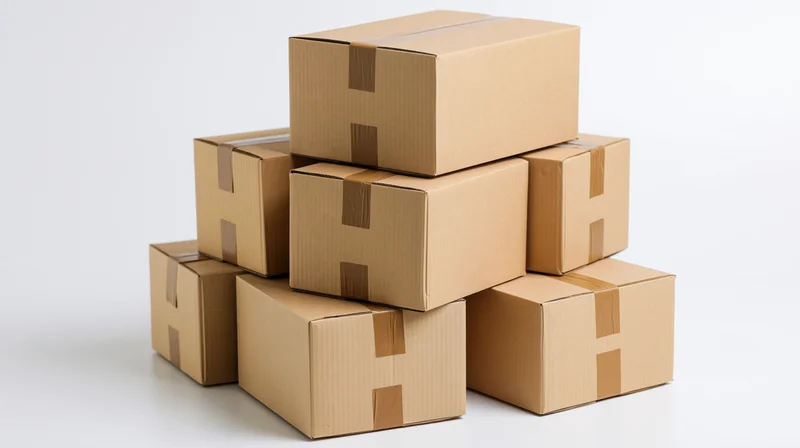 Stack of sealed corrugated cardboard shipping boxes on white background