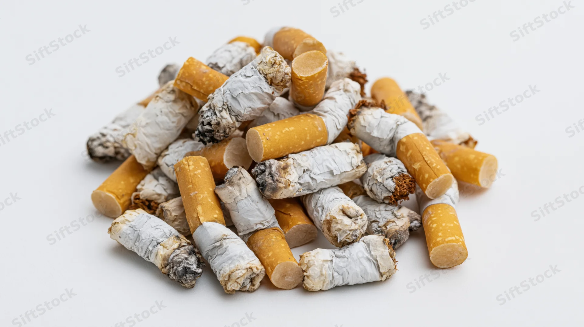 Pile of used cigarette butts with ash and filters scattered on white background