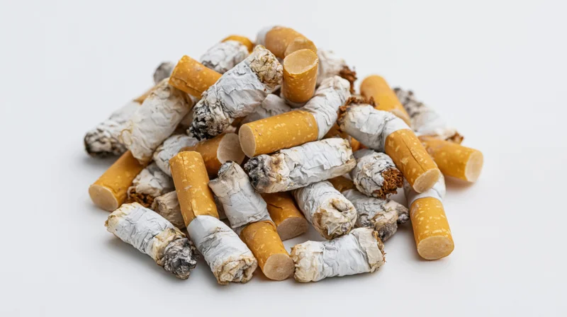 Pile of used cigarette butts with ash and filters scattered on white background