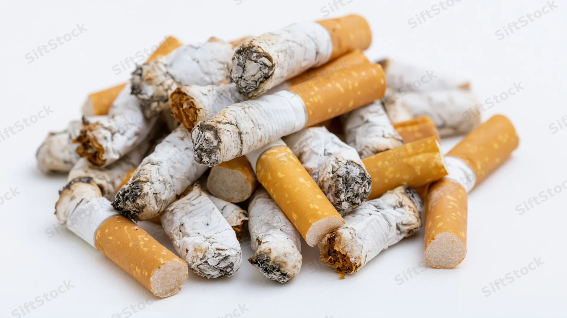 Pile of used cigarette butts with ash and filters scattered on white surface