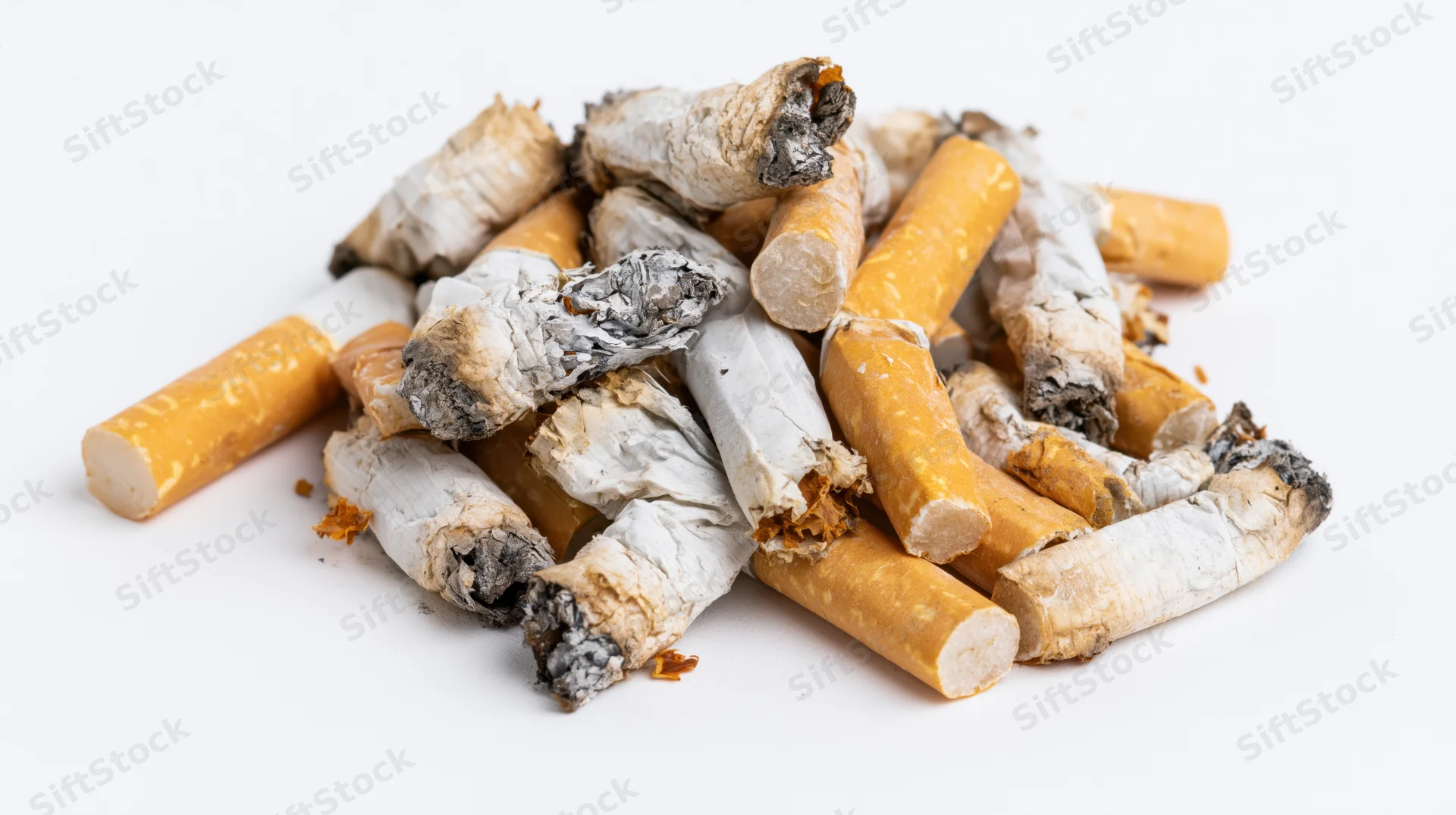 Pile of used cigarette butts with ash and filters scattered on white background