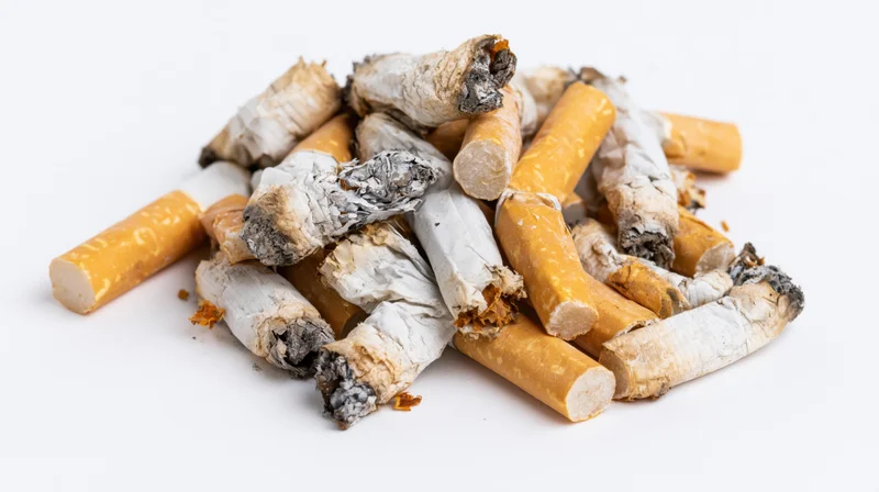 Pile of used cigarette butts with ash and filters scattered on white background