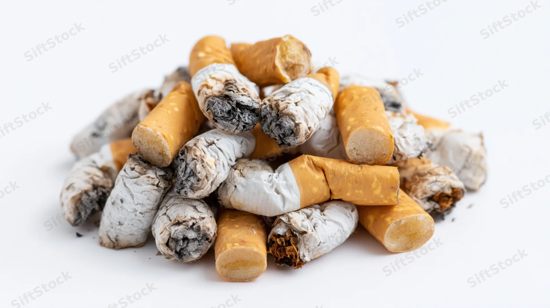 Pile of used cigarette butts with ash and filters on white background