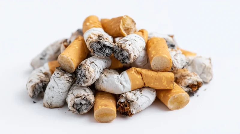 Pile of used cigarette butts with ash and filters on white background