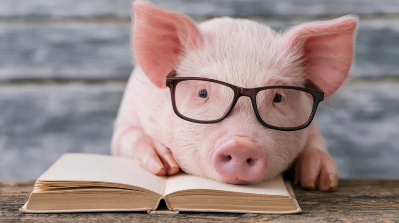 Pig wearing glasses resting head on open book on wooden table