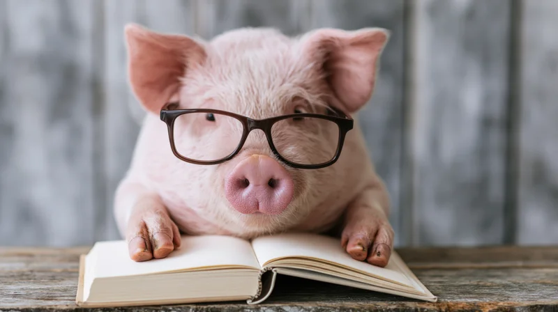 Pig wearing glasses resting on open book on wooden table