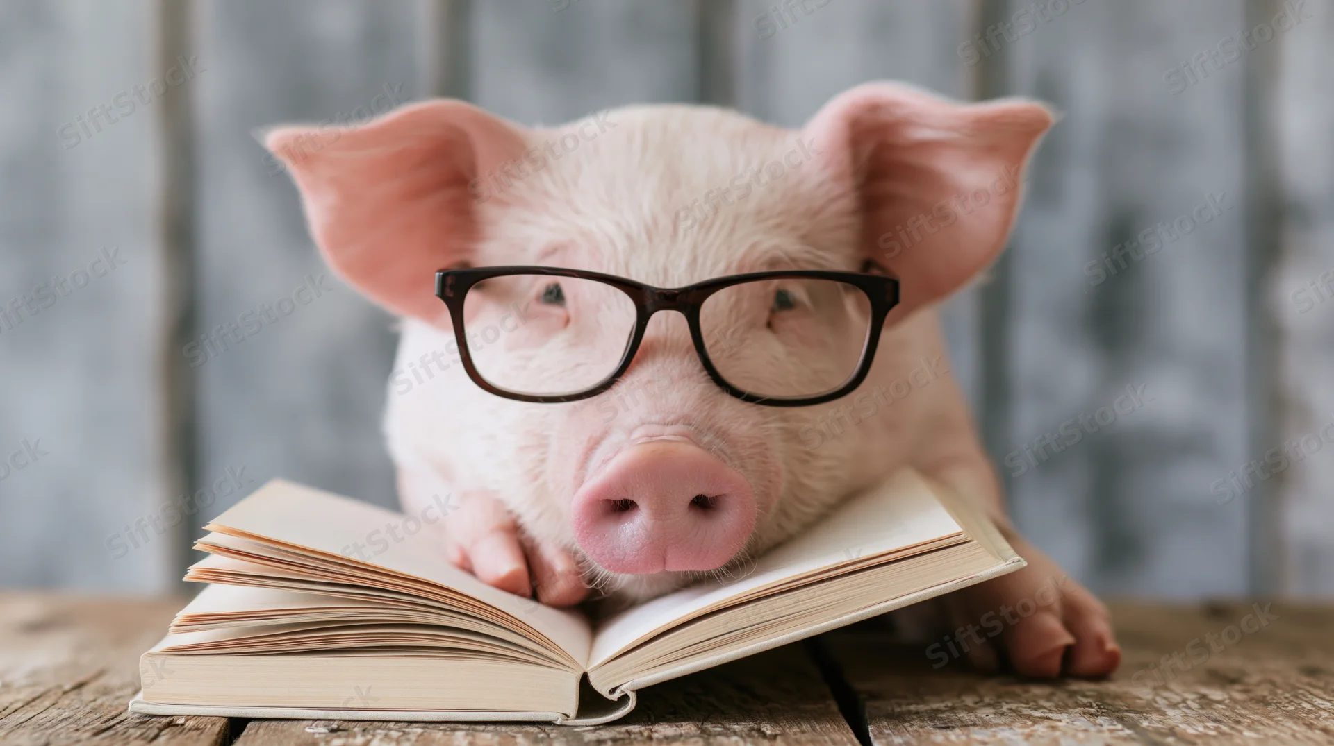 Pig wearing glasses reading an open book on a wooden table