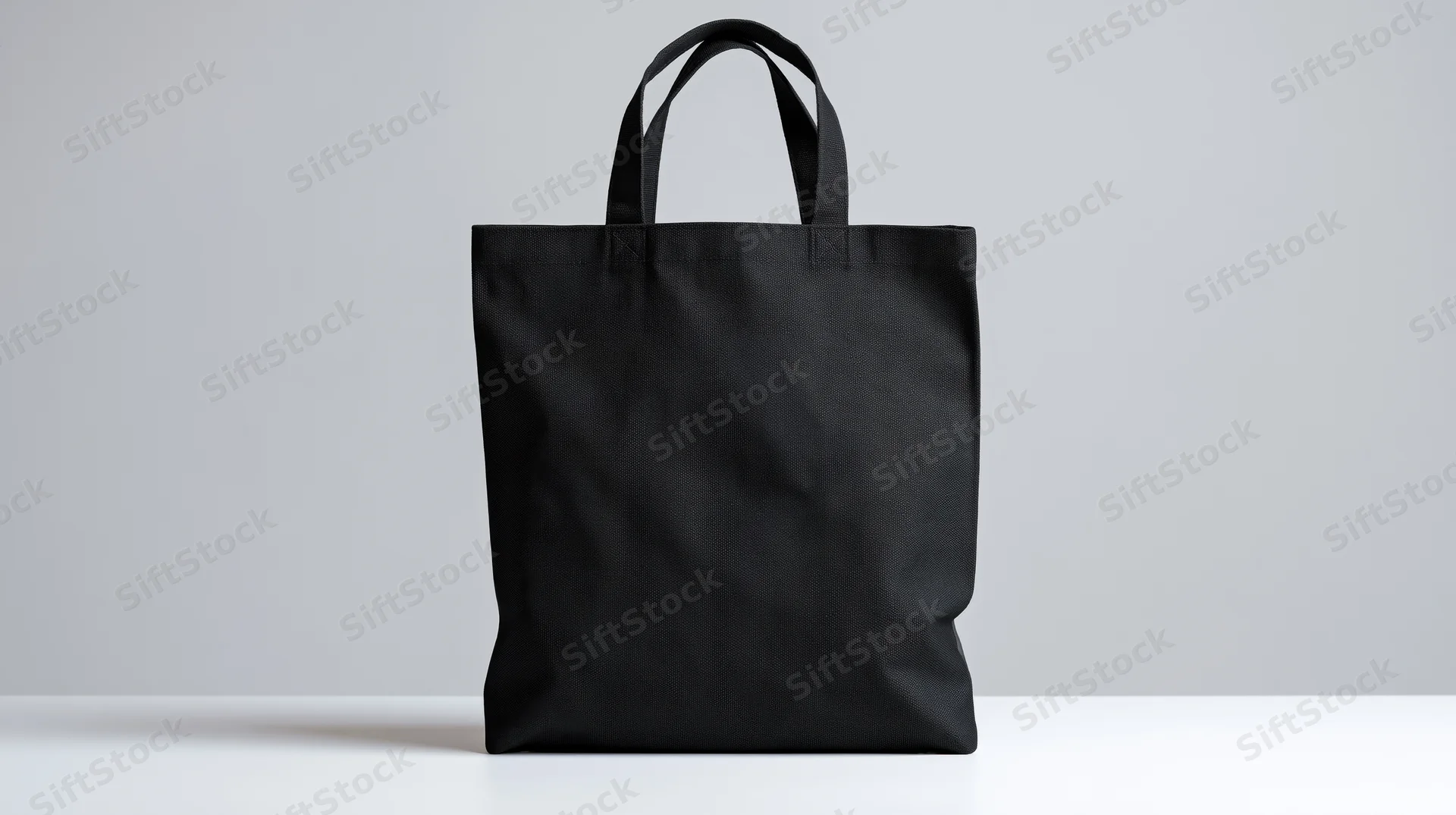 Black canvas tote bag standing upright on white surface