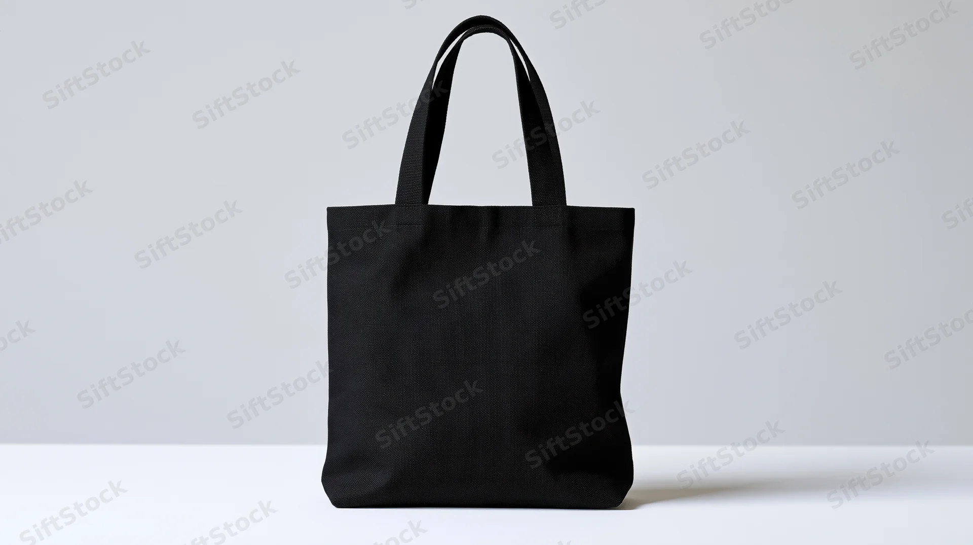 Black canvas tote bag standing upright on white surface