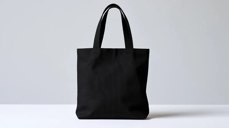 Black canvas tote bag standing upright on white surface