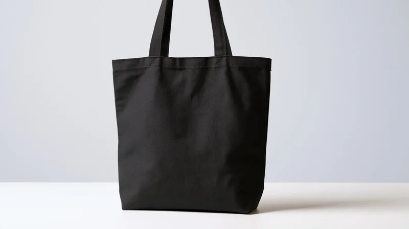 Black canvas tote bag standing upright on white surface