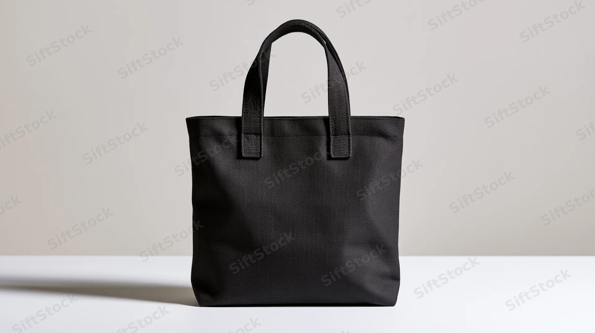 Black canvas tote bag standing upright on white surface with copyspace