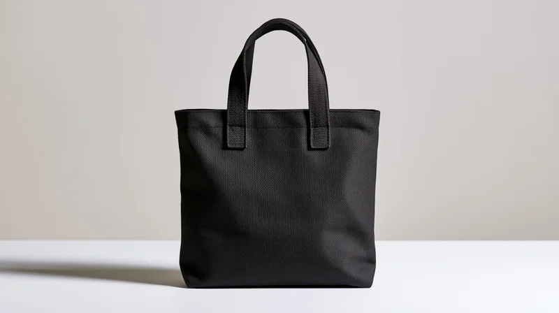 Black canvas tote bag standing upright on white surface with copyspace