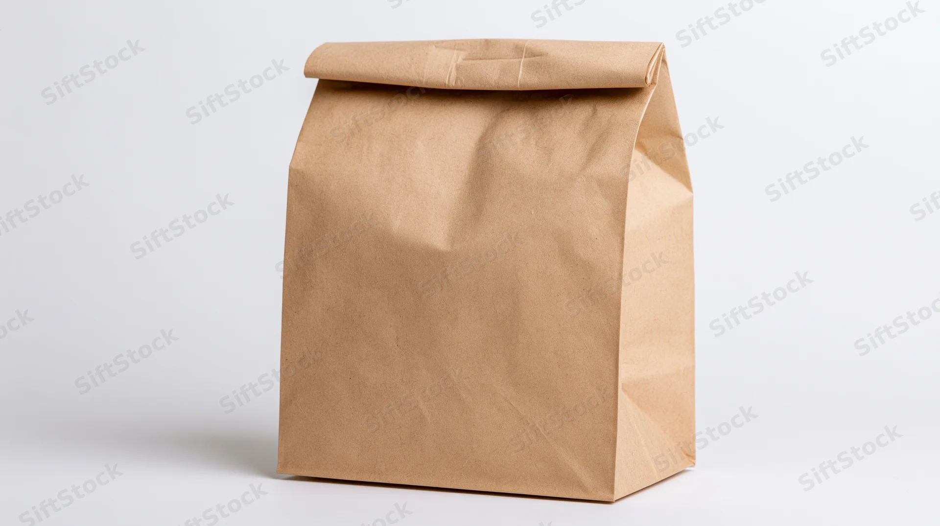 Brown kraft paper lunch bag standing upright with top fold on white background