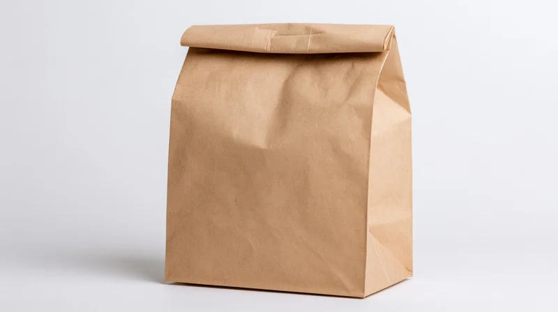 Brown kraft paper lunch bag standing upright with top fold on white background
