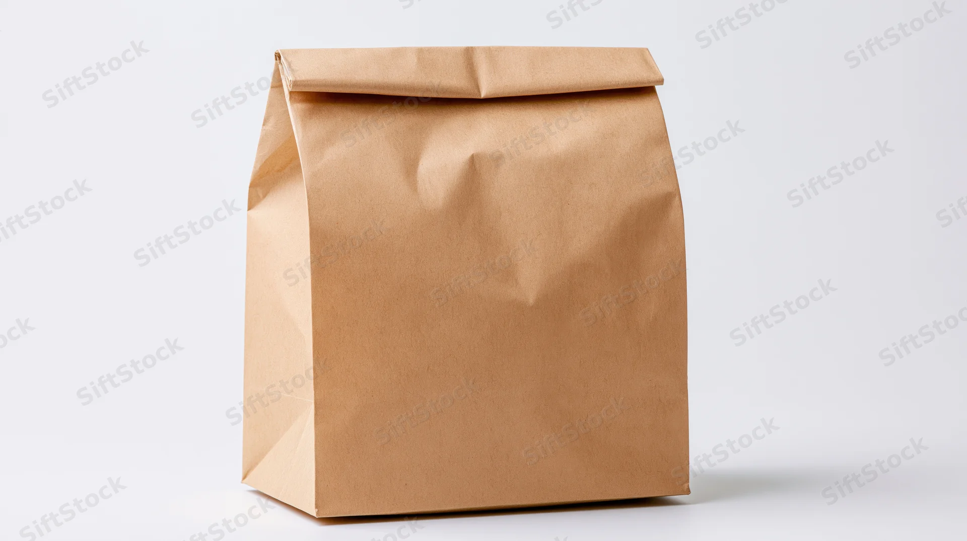 Brown kraft paper lunch bag standing upright with top fold on white background